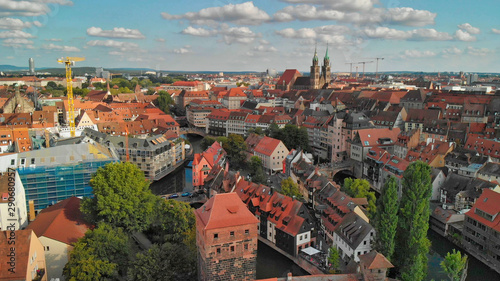 Nuremberg  Germany. Drone aerial view from a vantage viewpoint along city river