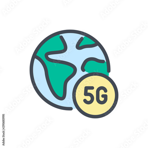Globe with 5G connection color line icon. 5G network vector outline colorful sign.
