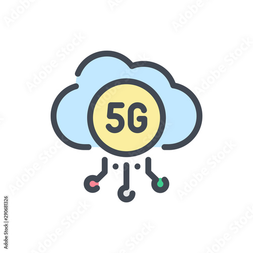 Cloud service with 5G connection color line icon. 5G network vector outline colorful sign.