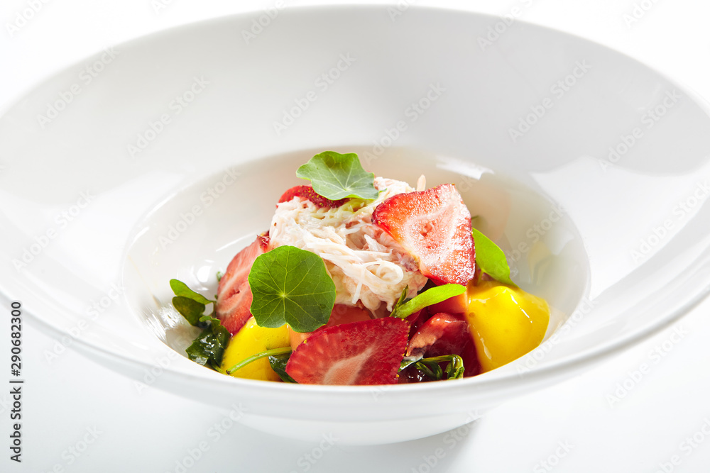 Ripe Tomato Salad with Strawberries, Crab Meat and Strachatella Cheese Ripe Tomato Salad with Strawberries, Crab Meat and Strachatella Cheese