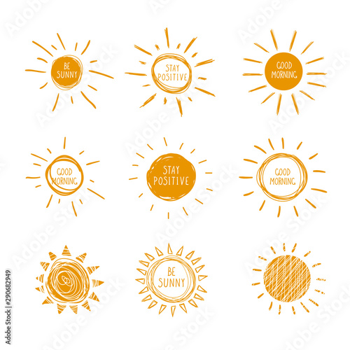 Vector Collection of Doodle Hand Drawn Sun Icons with Handwritten Words, Be Sunny, Good Morning, Stay Positive.