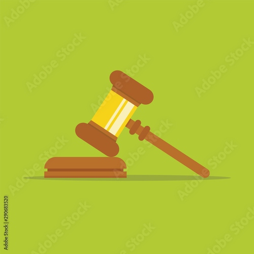 Gavel judge isolated on a colored background. Wooden gavel law concept. Flat cartoon style. Vector illustration.