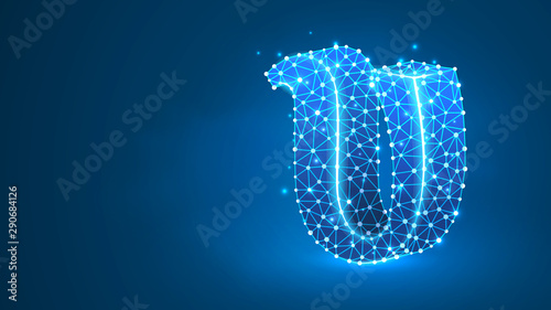 Upsilon, the letter of a Greek alphabet. Greek numerals, mathematical four hundred number concept. Abstract, digital, wireframe, low poly mesh, vector blue neon 3d illustration. Triangle, line, dot