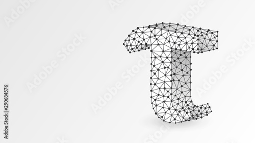 Tau, the letter of a Greek alphabet. Greek numerals, mathematical three hundred number concept. Abstract, digital, wireframe, low poly mesh, Raster white origami 3d illustration. Triangle, line dot