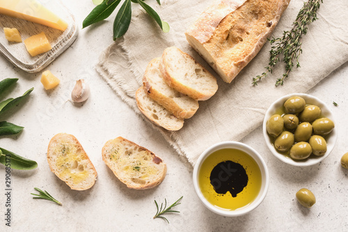 Italian ciabatta bread and olives
