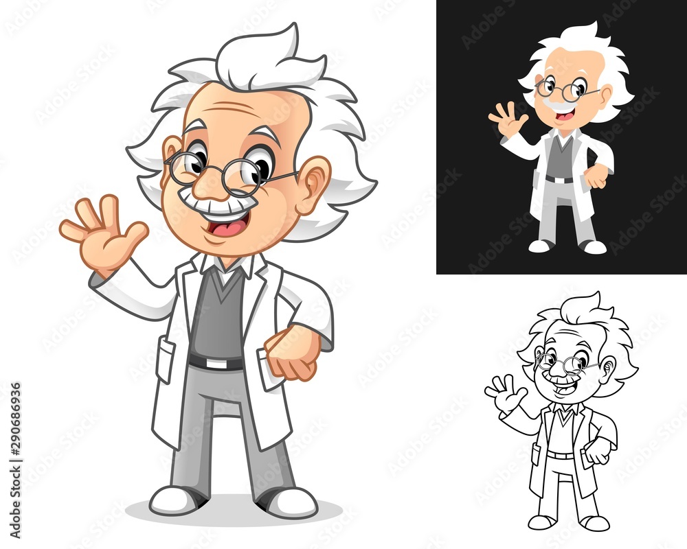 Happy Old Man Professor with Waving Hand Gesture Cartoon Character Design, Including Flat and Line Art Designs, Vector Illustration, in Isolated White Background. Happy Old Man Professor with Waving Hand Gesture Cartoon Character Design, Including Flat and Line Art Designs, Vector Illustration, in Isolated White Background.