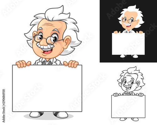 Happy Old Man Professor Holding Blank Board Cartoon Character Design, Including Flat and Line Art Designs, Vector Illustration, in Isolated White Background.