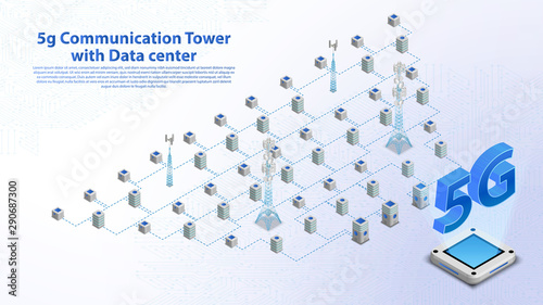 5g Communication Tower Wireless Hi-speed Internet with Data center with circuit board is background. LTE aerial network connection, fastest internet in future