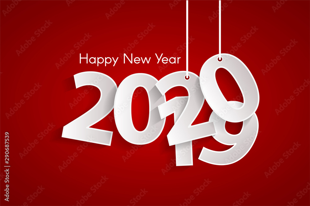 Red Happy New Year 2020 concept with paper cuted white numbers on ropes. Change year from 2019 to 2020. Origami style numbers. Christmas and Chinese New Year decor. Vector illustration Red Happy New Year 2020 concept with paper cuted white numbers on ropes. Change year from 2019 to 2020. Origami style numbers. Christmas and Chinese New Year decor. Vector illustration