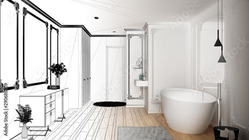 Architect interior designer concept  unfinished project that becomes real  minimalist bathroom in classic room  wall moldings  parquet floor  bathtub and sink  modern interior design