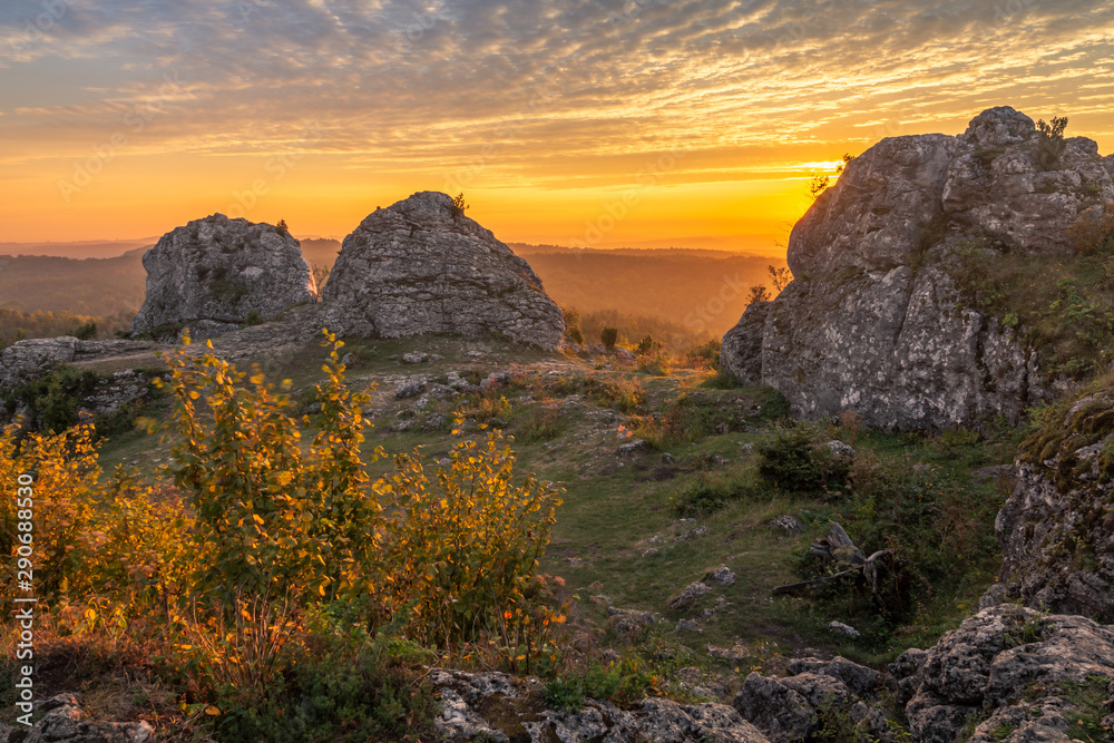 Sunrise from mount Zborow - Rocky hill in the Jura Krakowsko-Czestochowska, Silesia, Poland