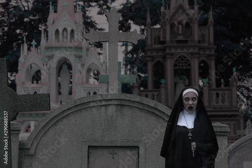 Rendering of a ghost nun or demon in the dark mysterious at the Churchyard.