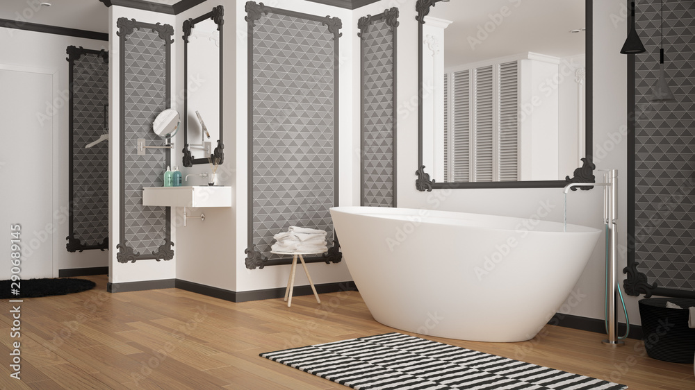 Modern white and gray bathroom in classic room, wall moldings, parquet floor, bathtub with carpet and accessories, minimalist sink and decors, pendant lamps. Interior design concept