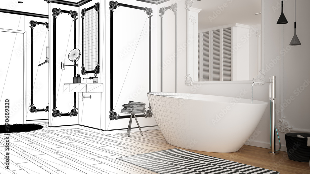 Architect interior designer concept: unfinished project that becomes real, minimalist bathroom in classic room, wall moldings, parquet floor, bathtub and sink, modern interior design Architect interior designer concept: unfinished project that becomes real, minimalist bathroom in classic room, wall moldings, parquet floor, bathtub and sink, modern interior design