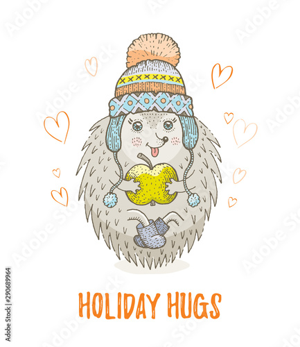 Cute Christmas animal, forest hedgehog. Merry Xmas cartoon woodland icon. Happy winter character. For girl t-shirt fashion print, greeting card design. Hand drawn symbol, vector illustration isolated