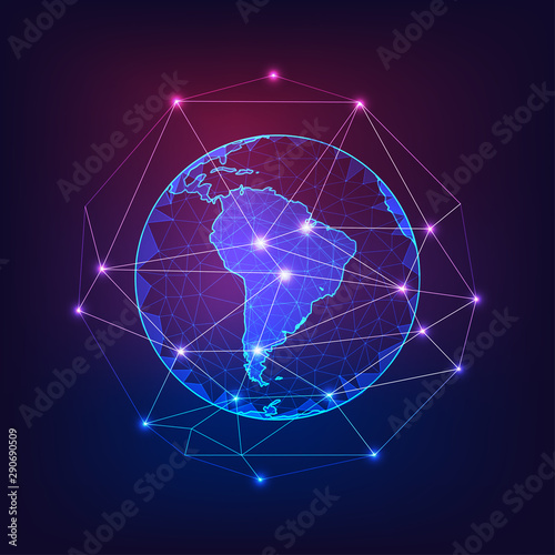 South America on Planet Earth view from space with continents outlines abstract background