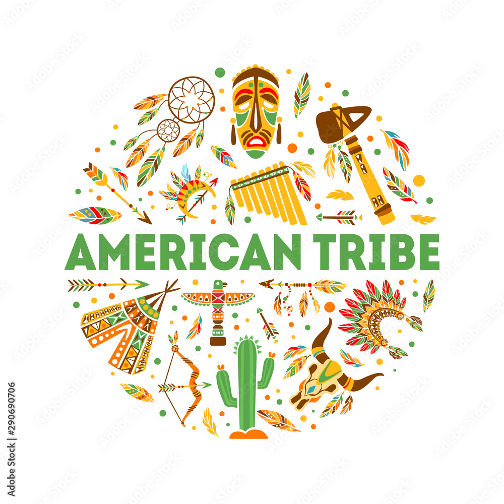American Tribe Banner Template, Native Ethnic Symbols of Round Shape Vector Illustration