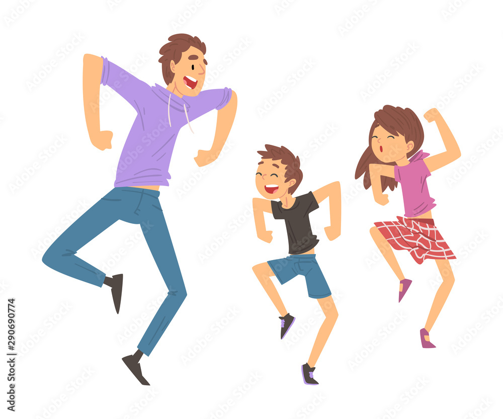 Dad, Daughter and Son Jumping or Dancing, Father and Kids Having Good Time Together, Best Dad, Happy Family Cartoon Vector Illustration
