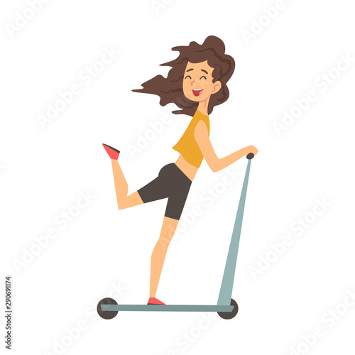Happy Girl Riding Kick Scooter, Child Having Fun Outdoors Vector Illustration