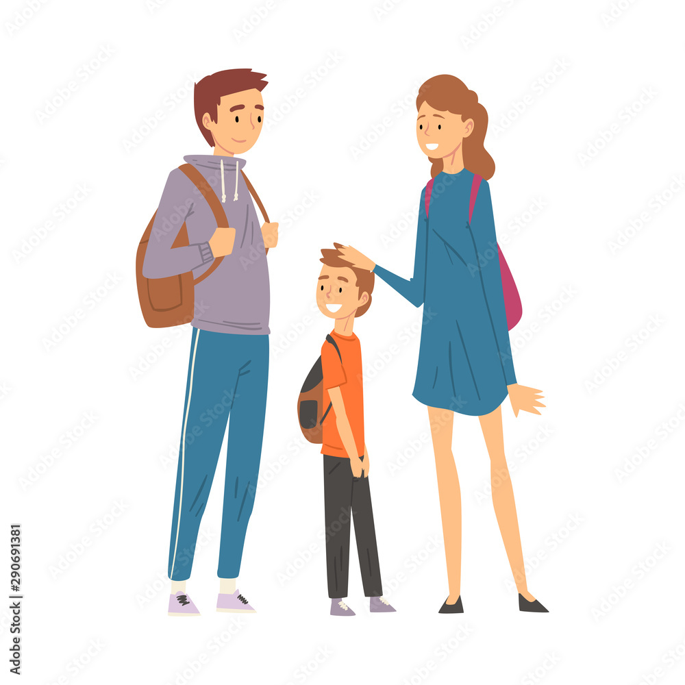 Happy Family Travelling Together, Mother, Father and Son Trekking to Nature, Hiking, Adventures, Active Recreation Vector Illustration Happy Family Travelling Together, Mother, Father and Son Trekking to Nature, Hiking, Adventures, Active Recreation Vector Illustration
