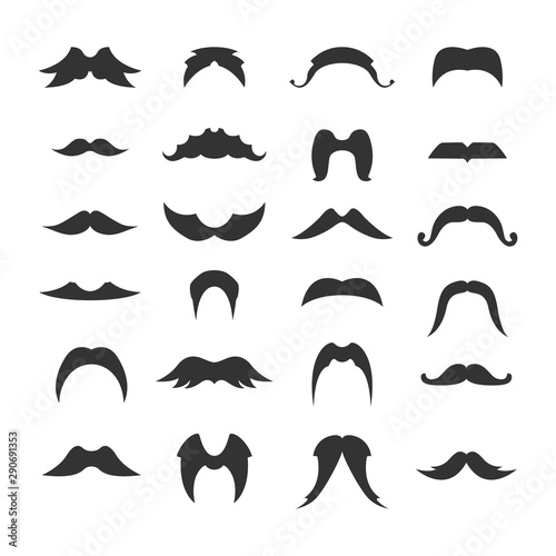 Big set of mustaches black silhouettes. Collection of men's mustaches. Vector illustration.