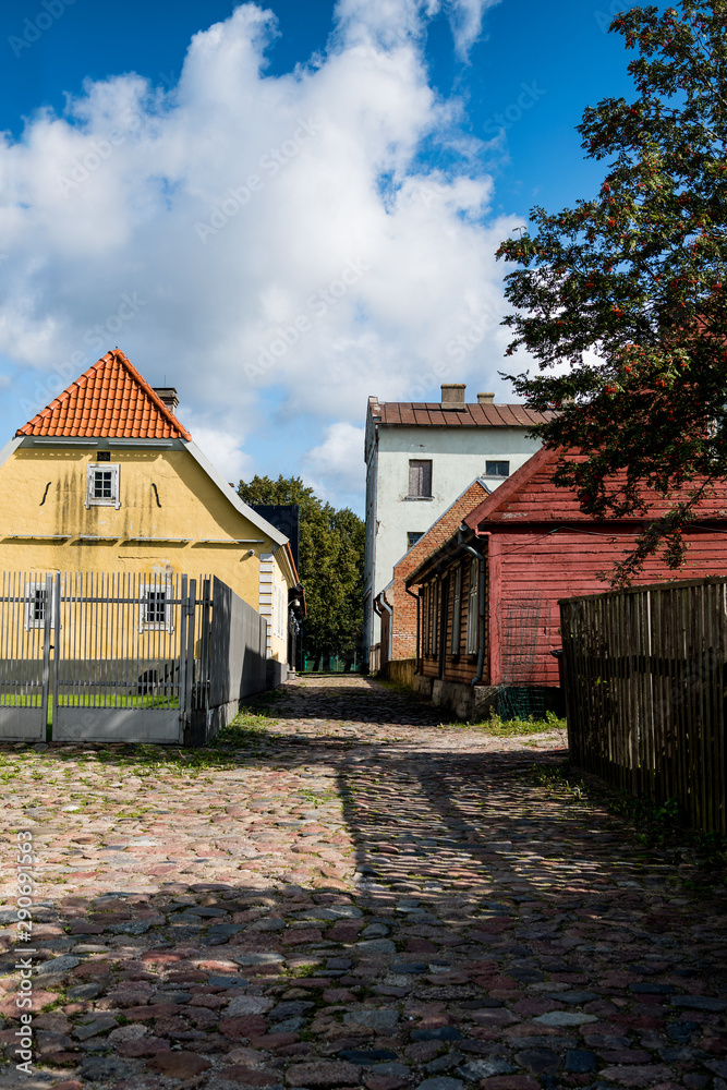 Cobbled street with houses in downtown.