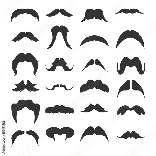 Big set of mustaches black silhouettes. Collection of men's mustaches. Vector illustration.
