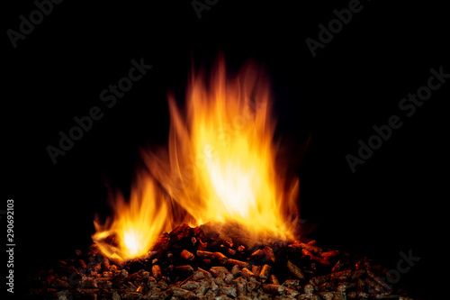 detail of wood pellets burning in a stove.