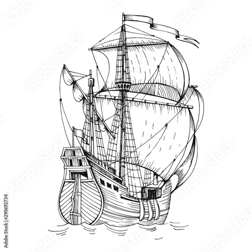 Obraz Stara karawela, rocznik żaglówka. Ręcznie rysowane szkic wektor Szczegół starych map geograficznych lub fantazyjnych map morskich.