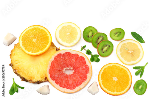 slices of grapefruit  kiwi fruit  orange and pineapple isolated on white background top view healthy background