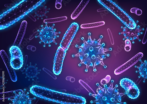 Futuristic glowing low polygonal abstract background with bacilli bacteria and flu virus cells. photo