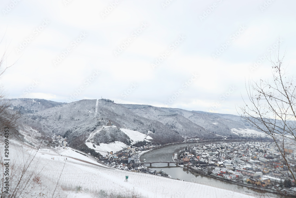 Beautiful white winter scenery of Bernkastel-kues, a heritage town and tourist destination in Germany