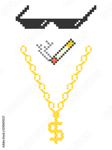 Funny pixelated boss sunglasses. Gangster, thug glasses, gold chain and cigar. Vector illustration.