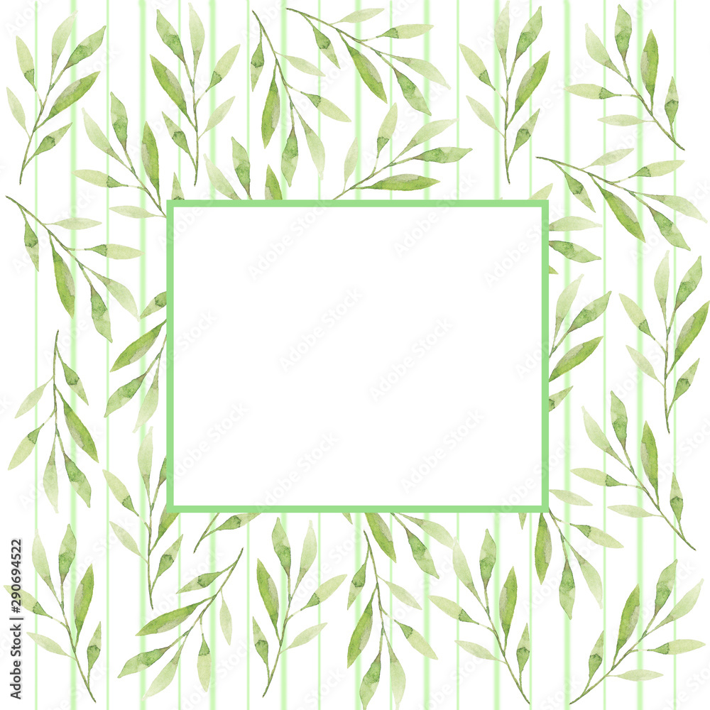 Frame of green leaves and stripes on a white background. For invitations, greetings, weddings