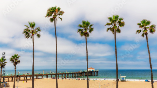 Palm trees and Pier on Manhattan Beach at sunny day in California  Los Angeles  USA. 