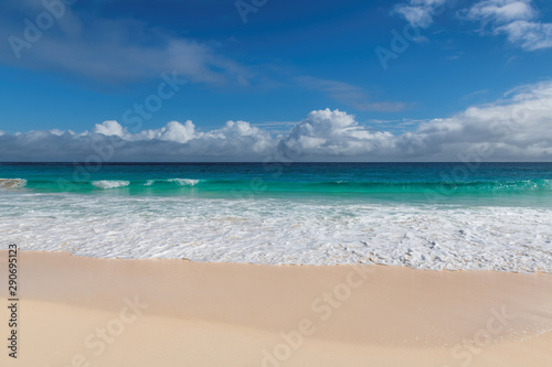 Ocean wave in sandy beach on tropical island background, copy space.