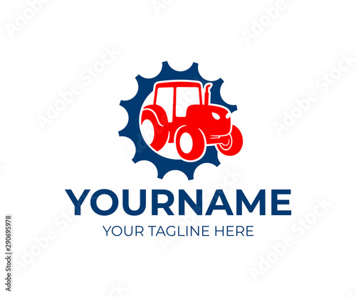 Tractor in gear, machinery dealer, logo design. Agricultural machinery, transport and engineering, vector design and illustration