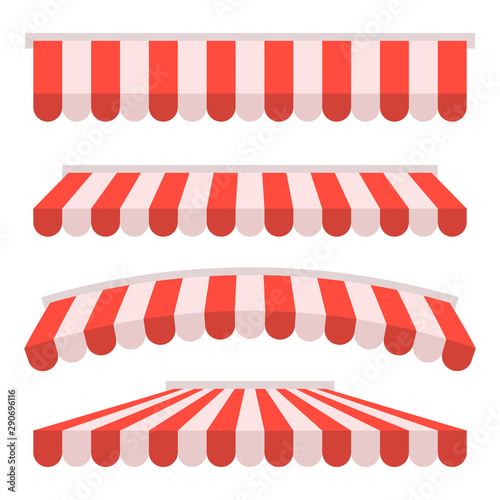Shop awning tents for window. Outdoor market canopy, vintage store roof. Vector illustration.