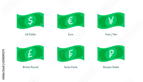 Vector banknote money flat icon illustration. Set of flying world currency as dollar, euro, pound, frank, yuan and yen isolated on white. Design element for banner, poster, banking, payment, website.