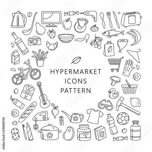 Hypermarket store food, appliances, clothes, toys icons background frame pattern