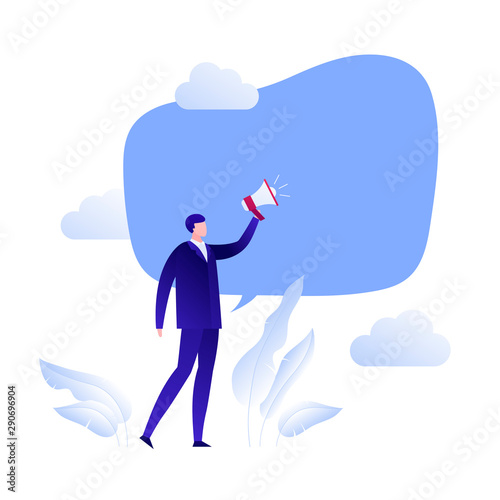 Vector flat business leadership and marketing illustration. Male with loud speaker and talk bubble. Concept of motivation, promotion, announcement. Design element for banner, poster, card, flyer, web.