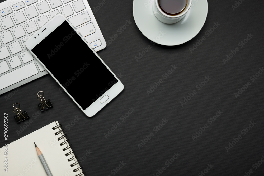 Office desk table with supplies. Flat lay Business workplace and objects. Top view. Copy space for text Office desk table with supplies. Flat lay Business workplace and objects. Top view. Copy space for text