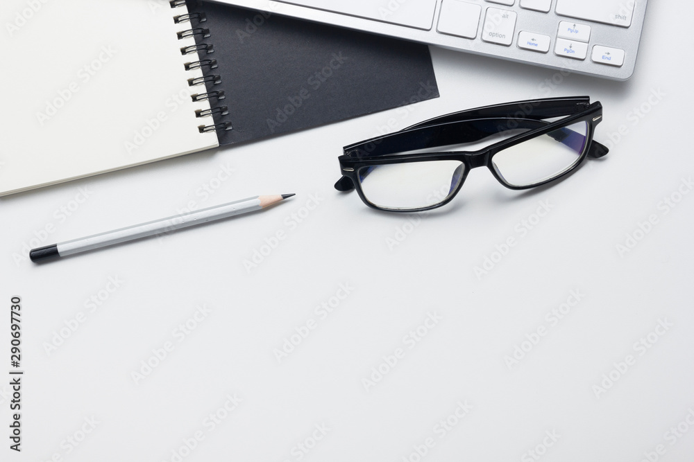 Office desk table with supplies. Flat lay Business workplace and objects. Top view. Copy space for text Office desk table with supplies. Flat lay Business workplace and objects. Top view. Copy space for text