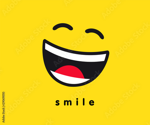 Smile wink icon template design. Smiling emoticon vector logo on yellow background. Emoji joy in line art style illustration. World Smile Day, October 4th banner