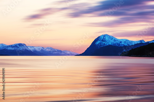 Sunset view of mountains in Molde, Norway in the evening at sunset photo