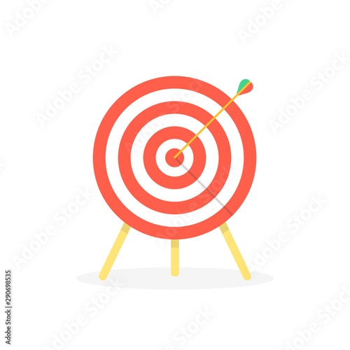 Target with arrow, standing on a tripod. Goal achieve concept. Vector illustration.