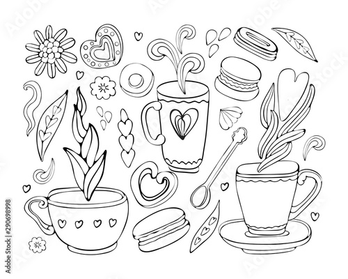 Vector collection of Doodle tea and coffee hand drawn in outline. Tea time elements collection. Set of tea and coffee icons. Cup, mug, spoon, dessert, cookies, souffle, sweets, heart. Vintage style.