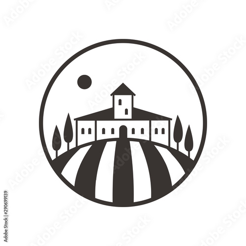 Tuscany landscape with vineyard fields, villa, trees in wine glass shape. Outline vector illustration of rural landscape. Vector illustration.