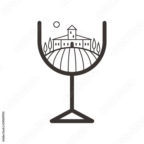 Tuscany landscape with vineyard fields, villa, trees in wine glass shape. Outline vector illustration of rural landscape. Vector illustration.