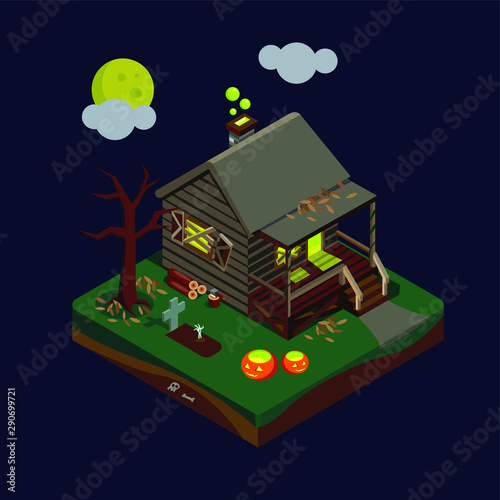 Halloween isometric haunted house vector illustration